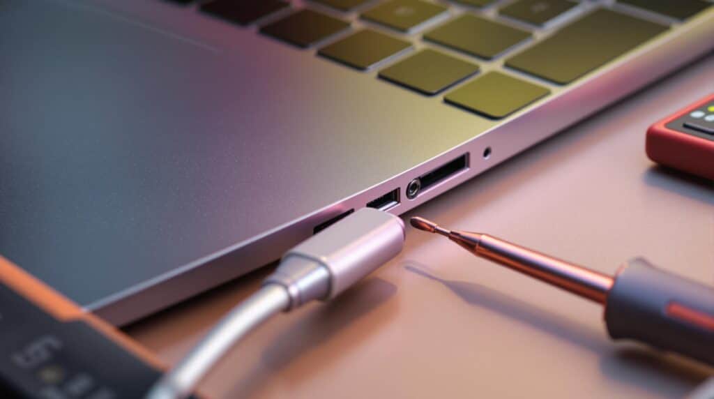 Laptop charging port repair showing a technician fixing a laptop charging issue