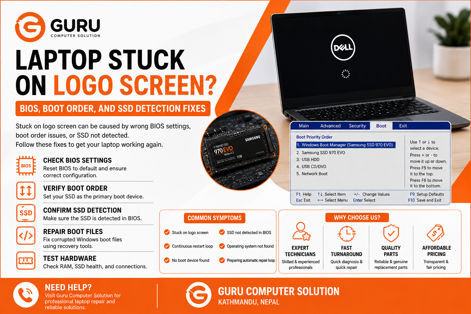 Laptop Stuck on Logo Screen? BIOS, Boot Order, and SSD Detection Fixes